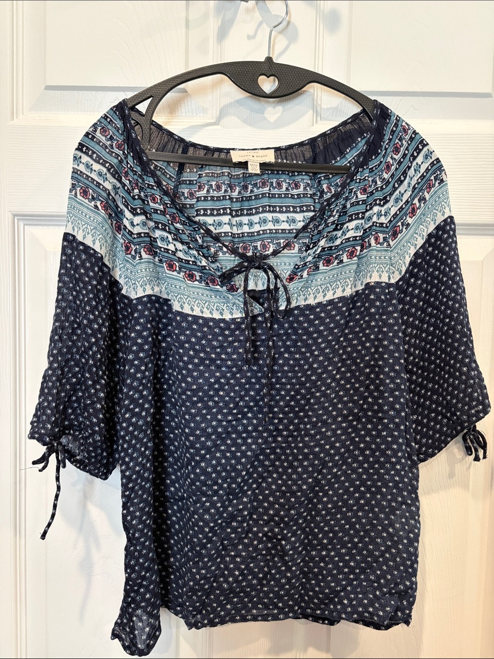 Lucky brand Boho Navy Printed Peasant Top with Tie Neck